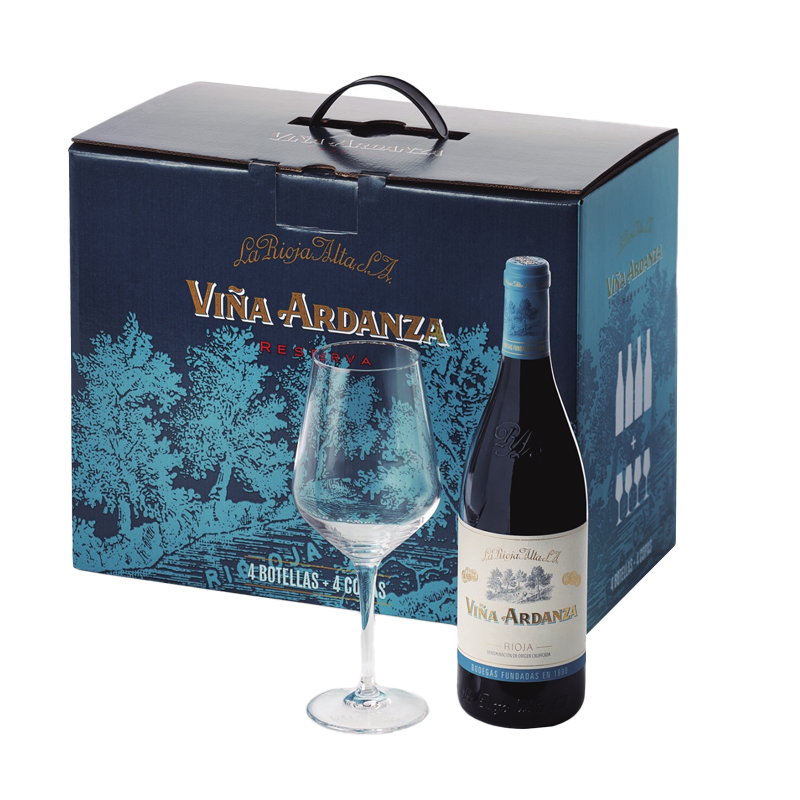Viña Ardanza Reserva 2020 — caja de 4 botellas y 4 copas Premium